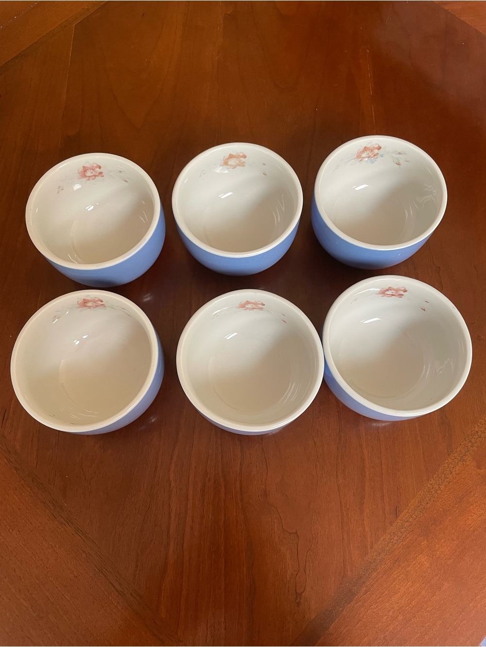 Set of 6 Vintage Blue and White Ceramic Custard Ramekins 1259 Rose Parade